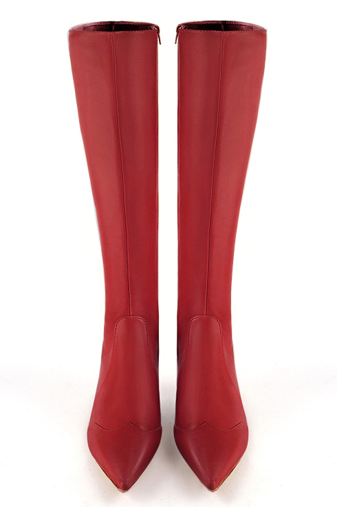 Scarlet red women's feminine knee-high boots. Pointed toe. Low flare heels. Made to measure. Top view - Florence KOOIJMAN